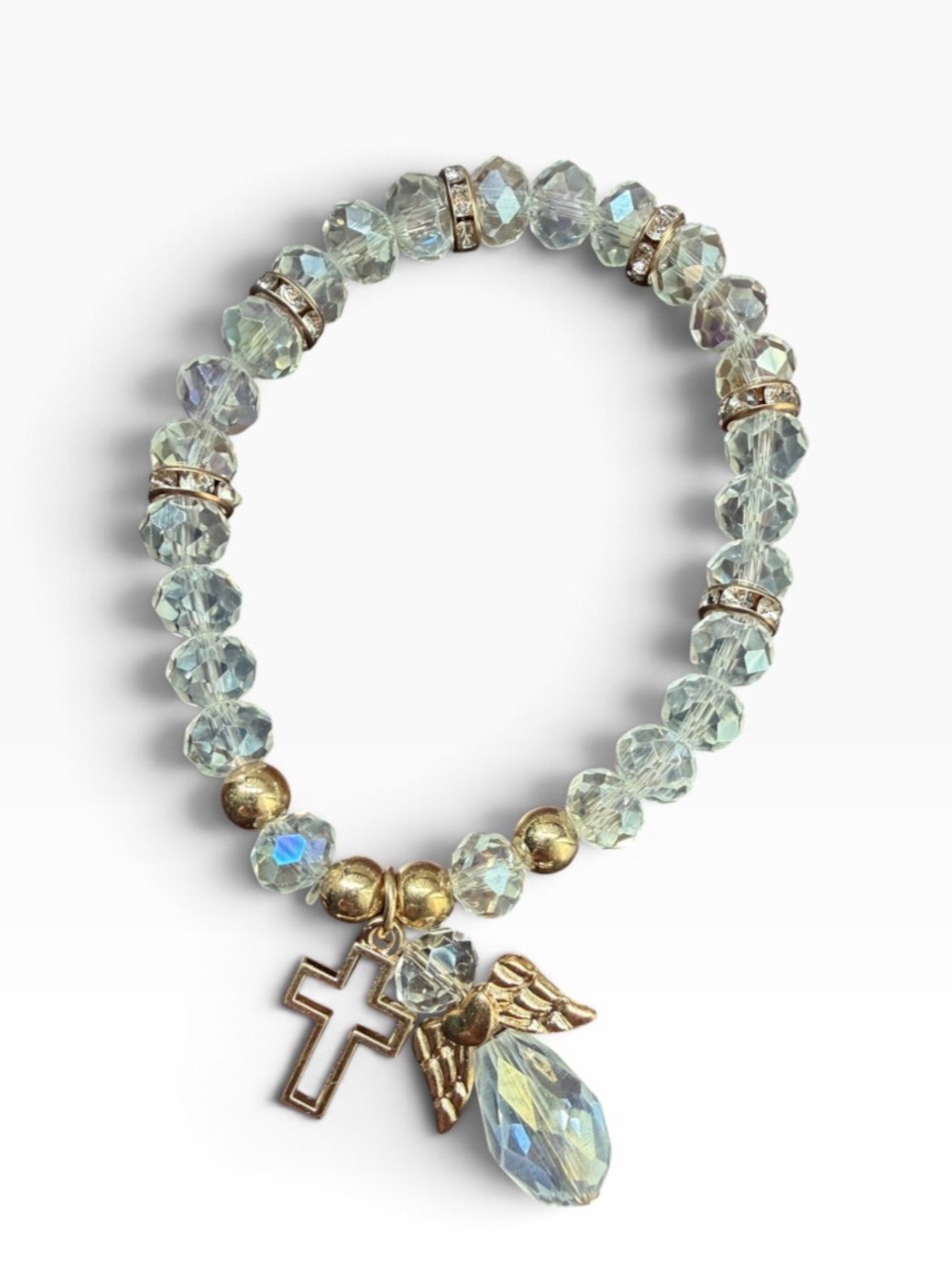 Crystal Bead Cross & Angel Charm Bracelet - Clear/Gold